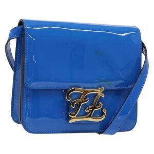 FENDI Curligraphy Shoulder Bag Patent Leather Blue